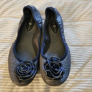 Lindsey Phillips Blue & Silver Ballet Flats with Floral Accent Size 8